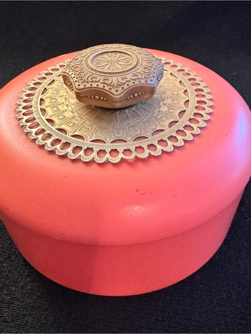 Avon Coral Round Jewelry Box with Ornate Gold Medallion